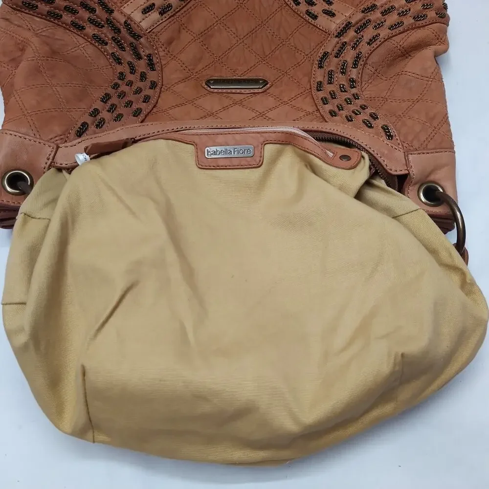 Isabella Fiore Tan Brown Learher Stitching Zipper Closure Hobo Shoulder Bag